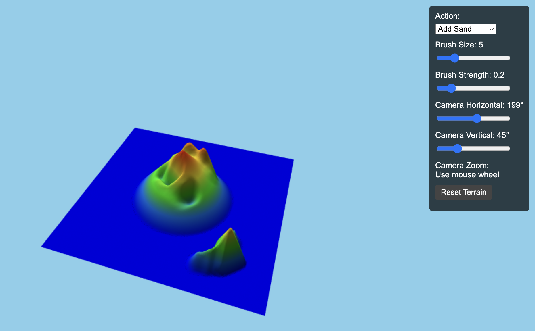 Screenshot of the sand heap demo showing two elevation-colored peaks on a blue plane, with an on-screen control panel